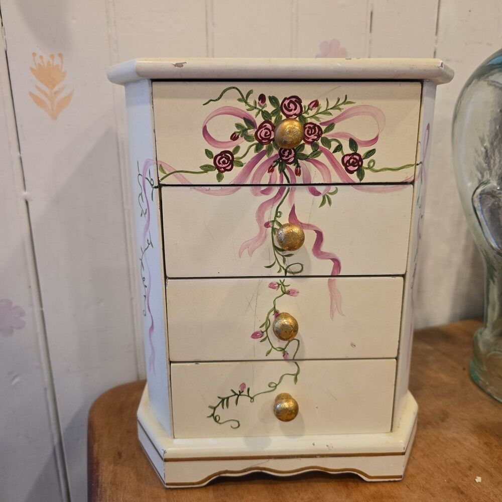 Vintage 4 Drawer Jewelry Box Roses & Ribbons Faux Wood Cottage Handpainted